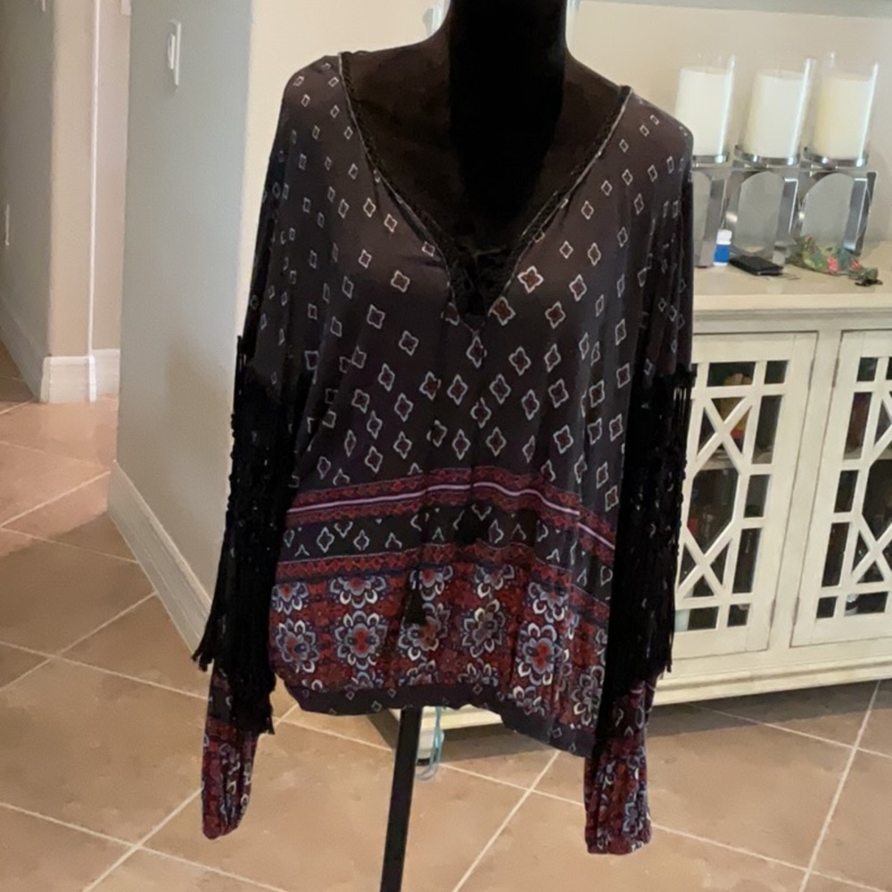 free People Tassel sleeve top, worn black with multicolored print, size large